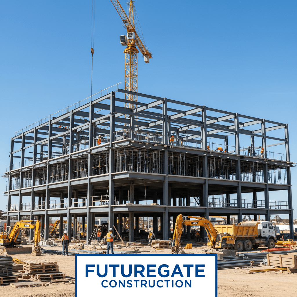 Construction crew working on structural framework with safety equipment