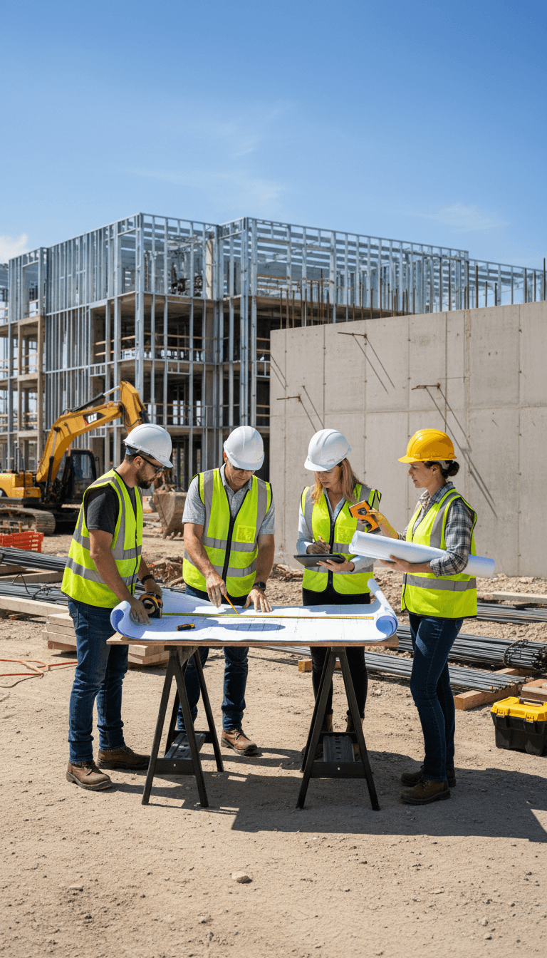 F&M Construction team reviewing project plans on site