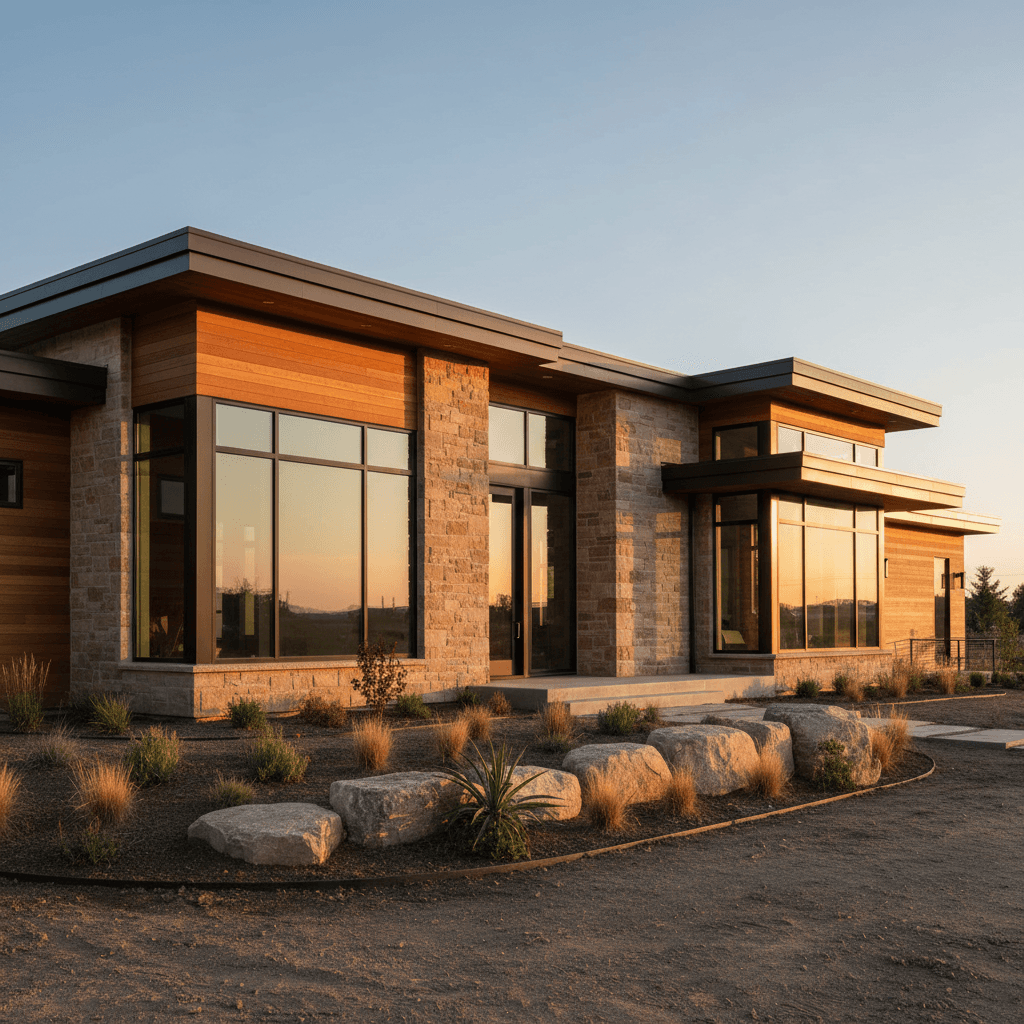 Custom home exterior with stone and wood siding