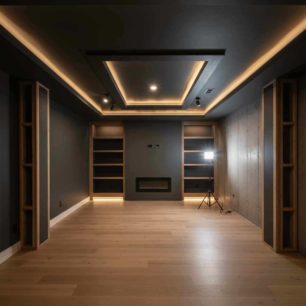 Finished basement space with professional framing and flooring