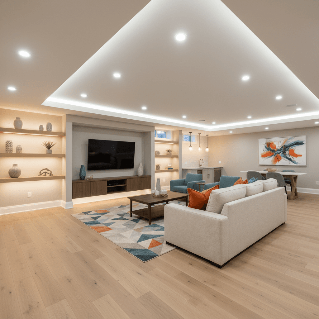 Finished basement renovation with modern finishes