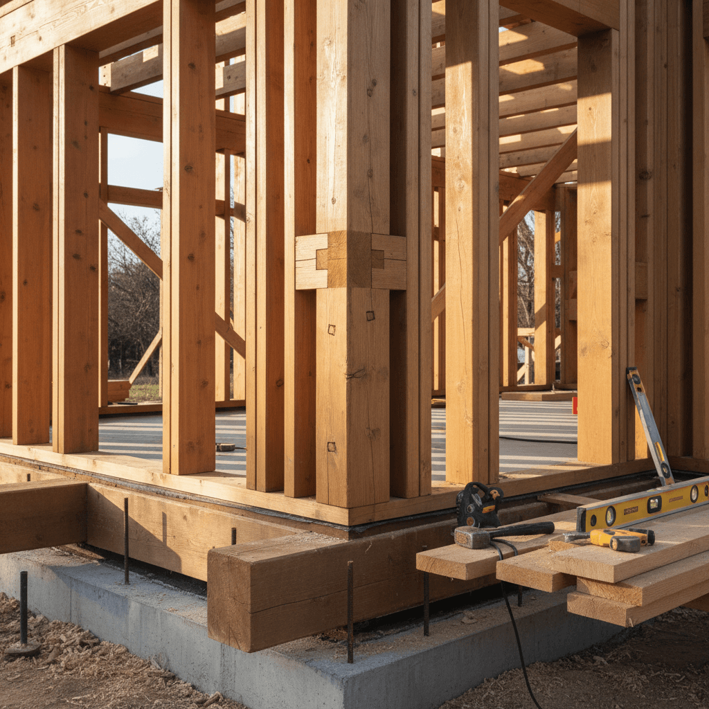 Custom home framing structure showing quality joinery and wooden beams