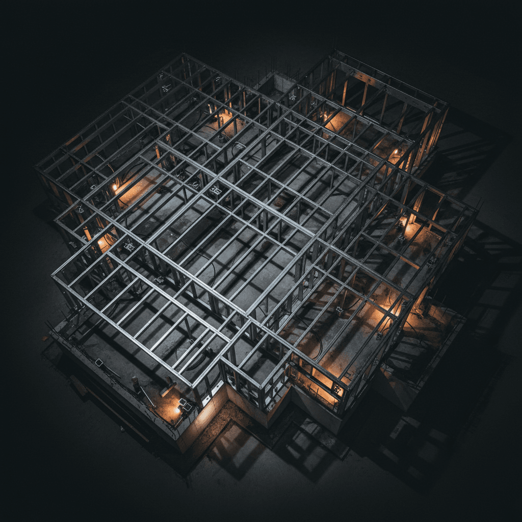 Overhead view of completed structural framing and foundation work