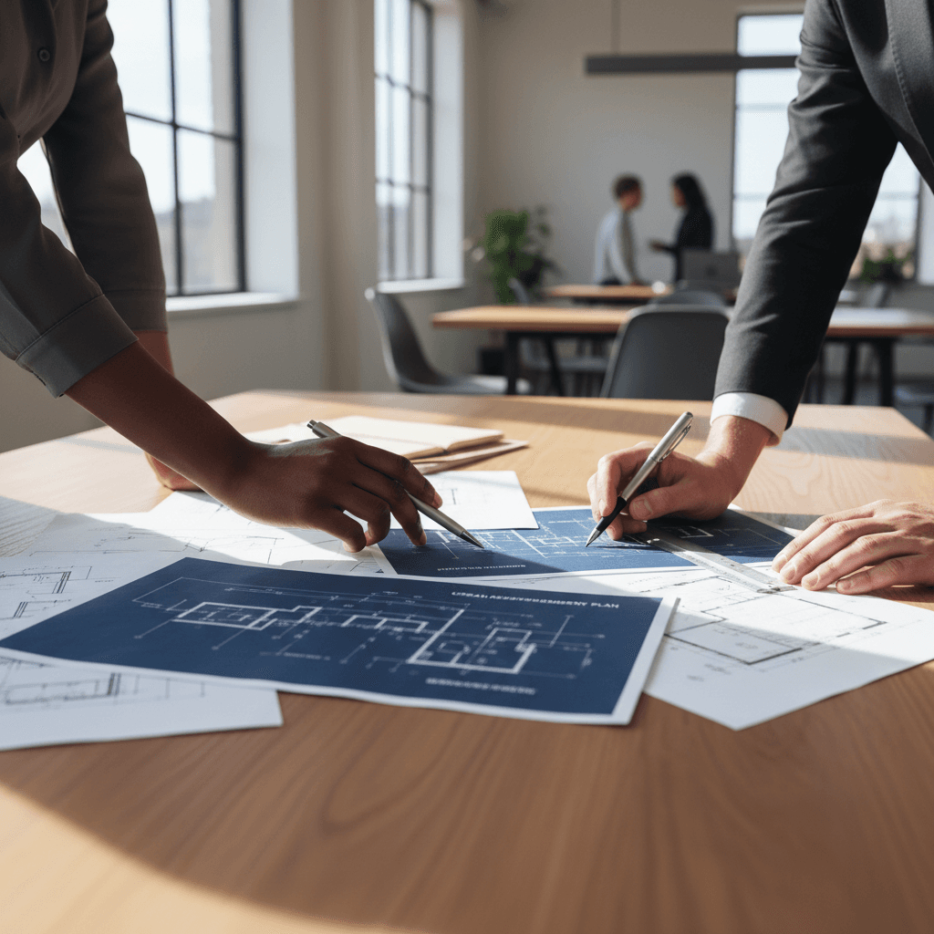 Construction blueprints and plans on a wooden table