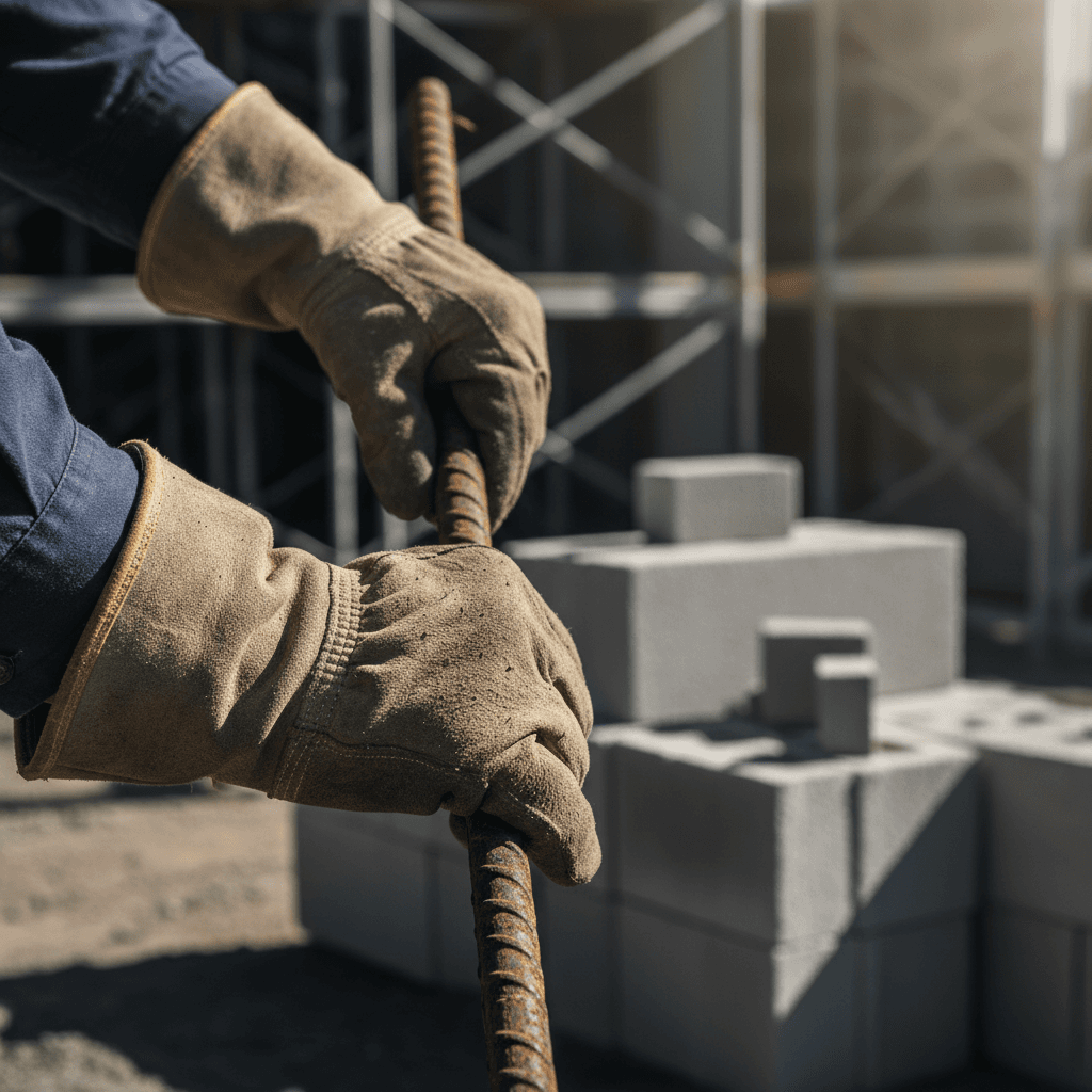 Construction worker securing steel beam connection