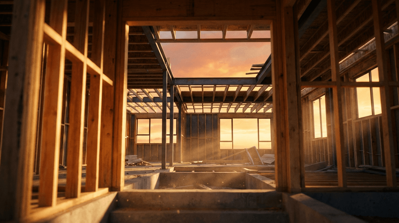 Construction workers framing a home addition with exposed wooden beams at sunset