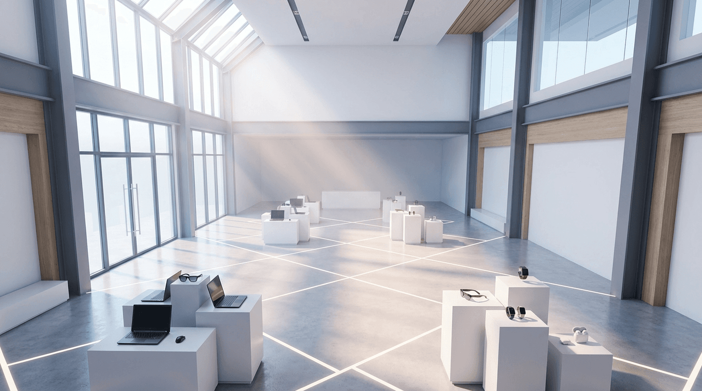 Retail storefront installation with track lighting and shelving build-out in progress