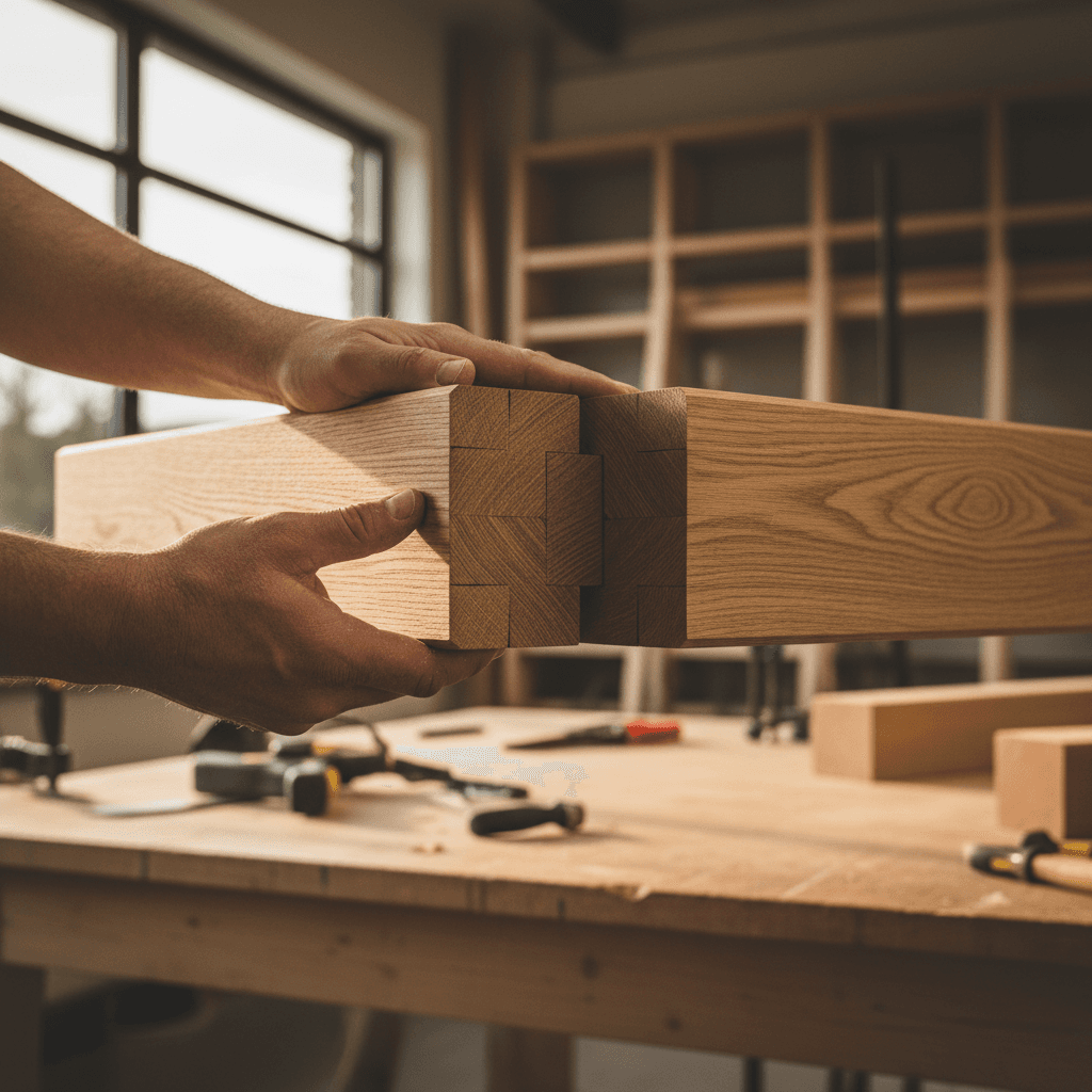 Precision wooden beam joinery in custom home framing