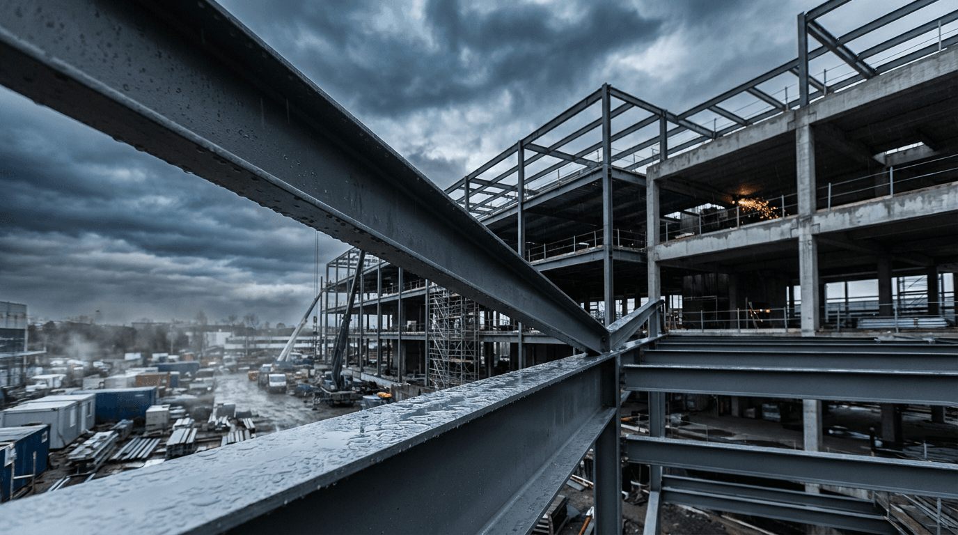 Steel beam installation during large-scale structural renovation