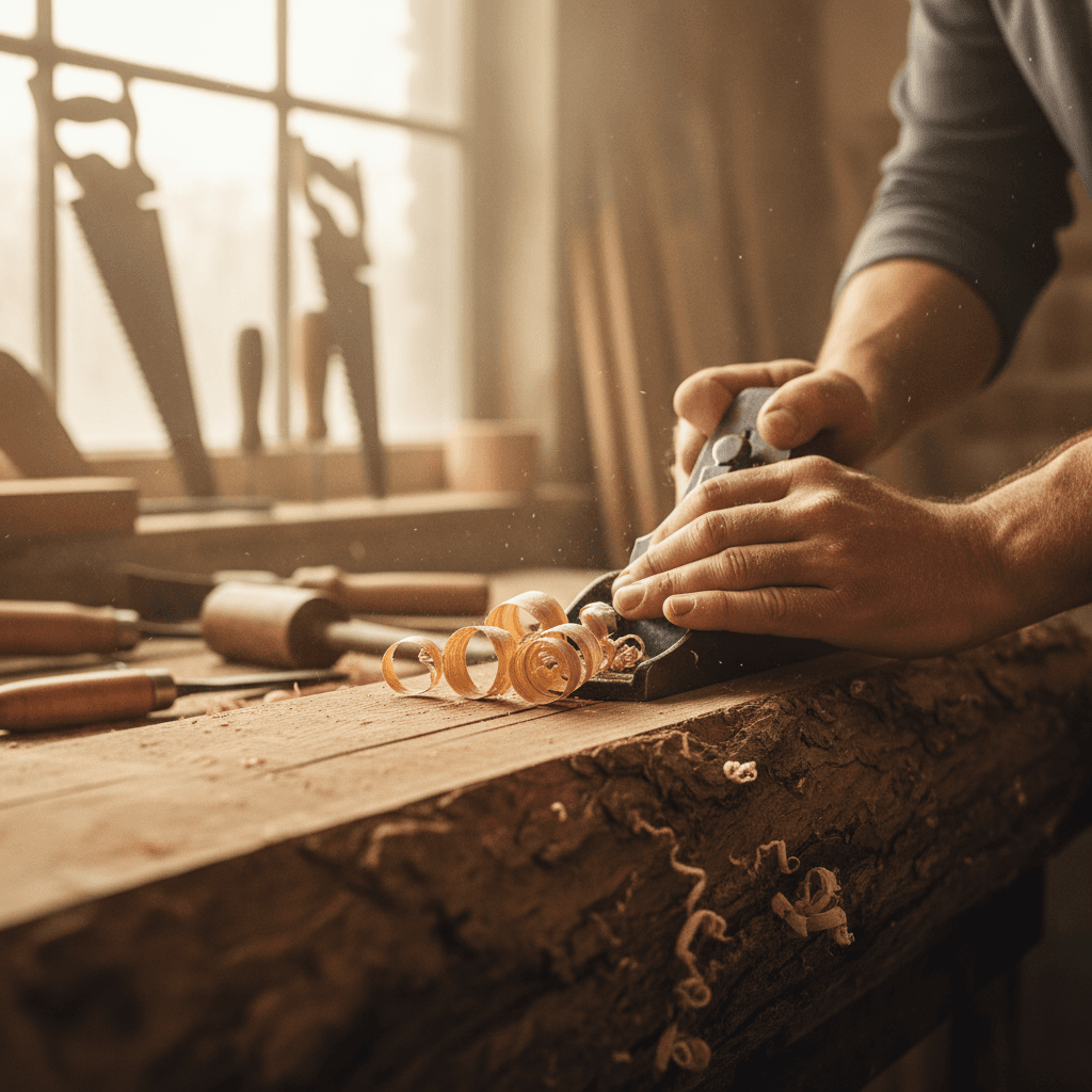 Hands holding finished wooden structural detail on active construction site