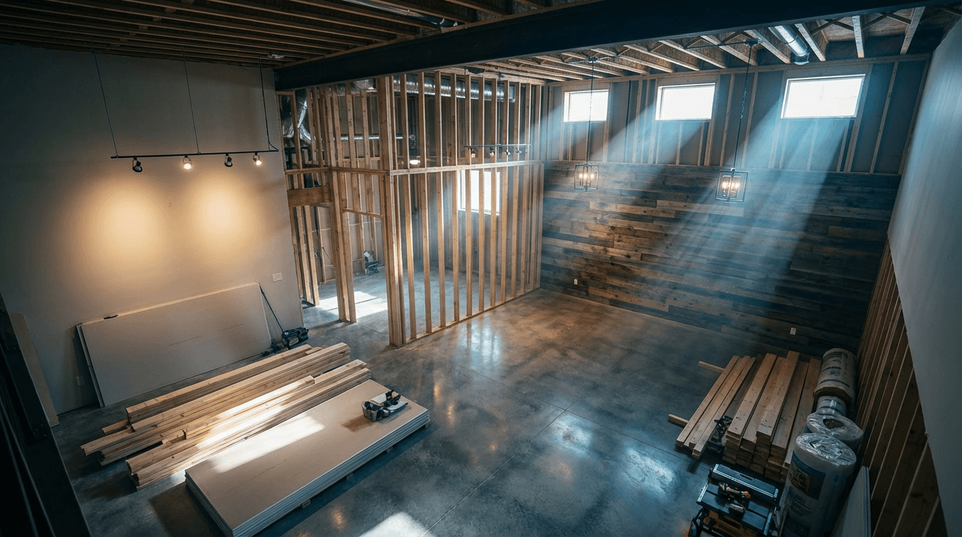 Completed basement finishing project with structural quality visible