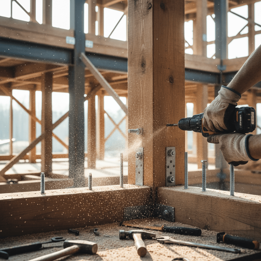 Construction worker framing interior commercial space