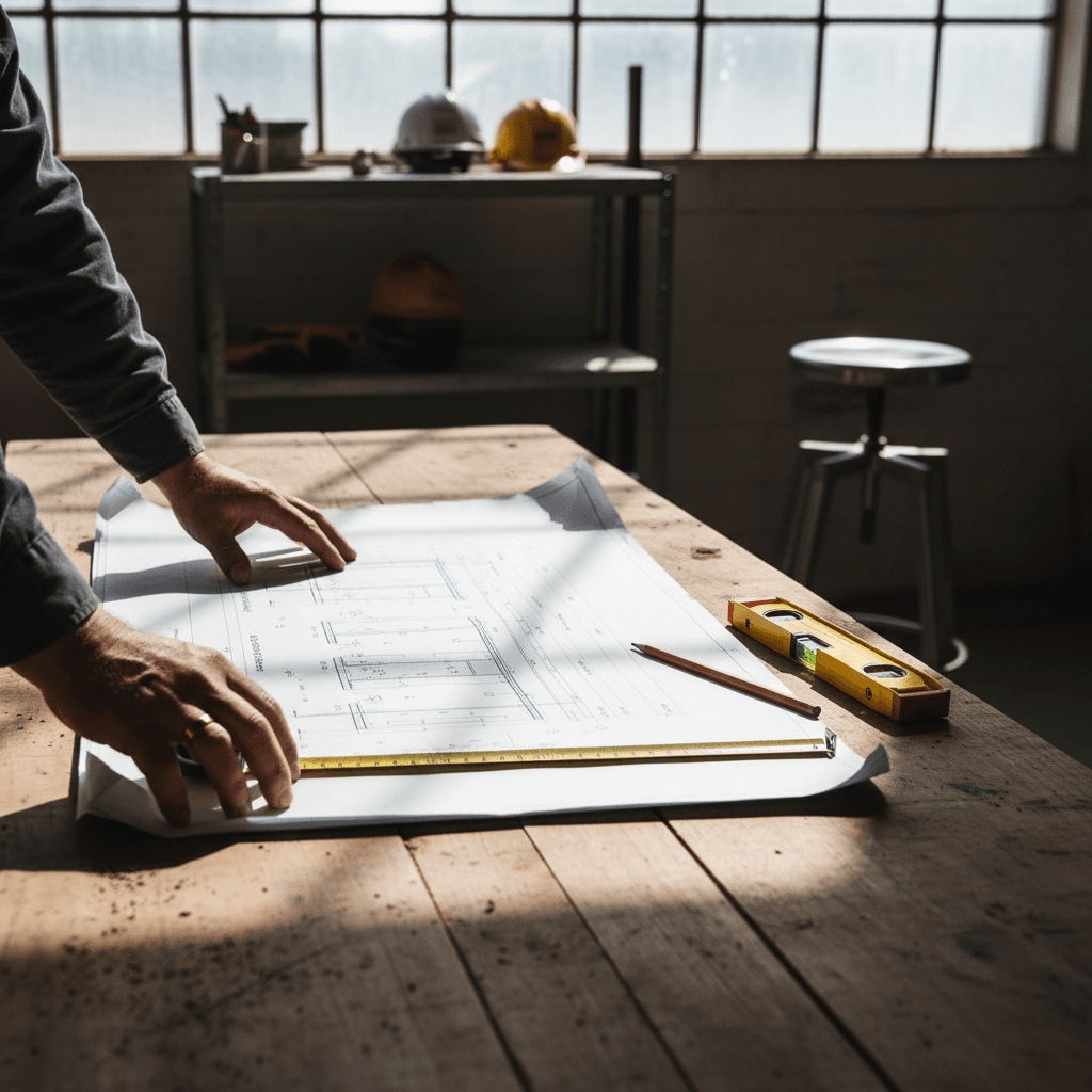 Construction manager and contractor reviewing project plans on a commercial renovation site