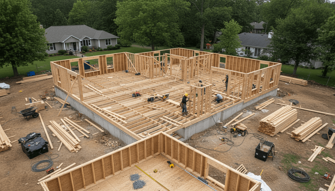 Custom home framing during mid-stage construction