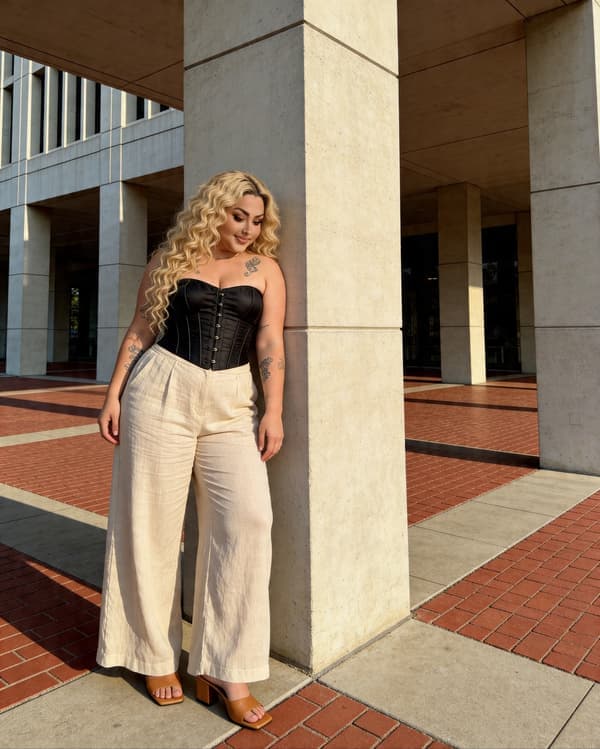 Blonde woman with wavy hair wearing a black corset and beige wide-leg trousers outdoors.