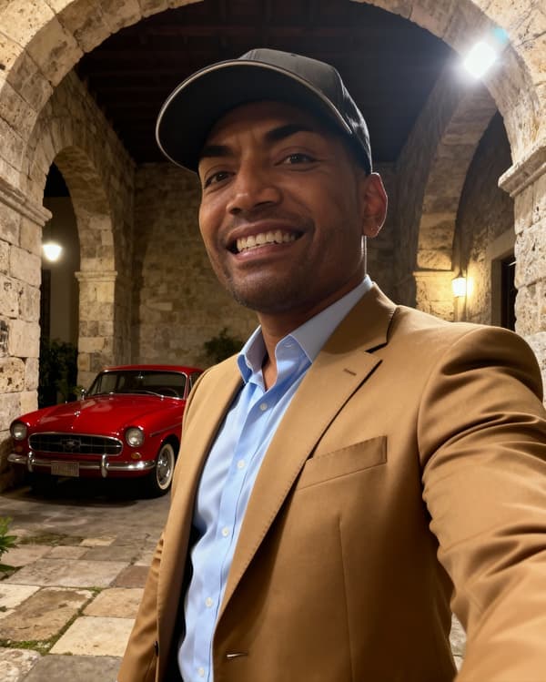 Smiling man in tan blazer and cap with a red vintage car under stone arches.